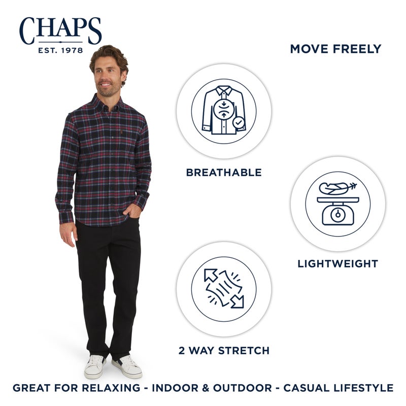 Chaps Men's Classic Fit Long Sleeve Button Down Stretch Flannel Casual Woven Shirt, Black Multi, Large - Image 3