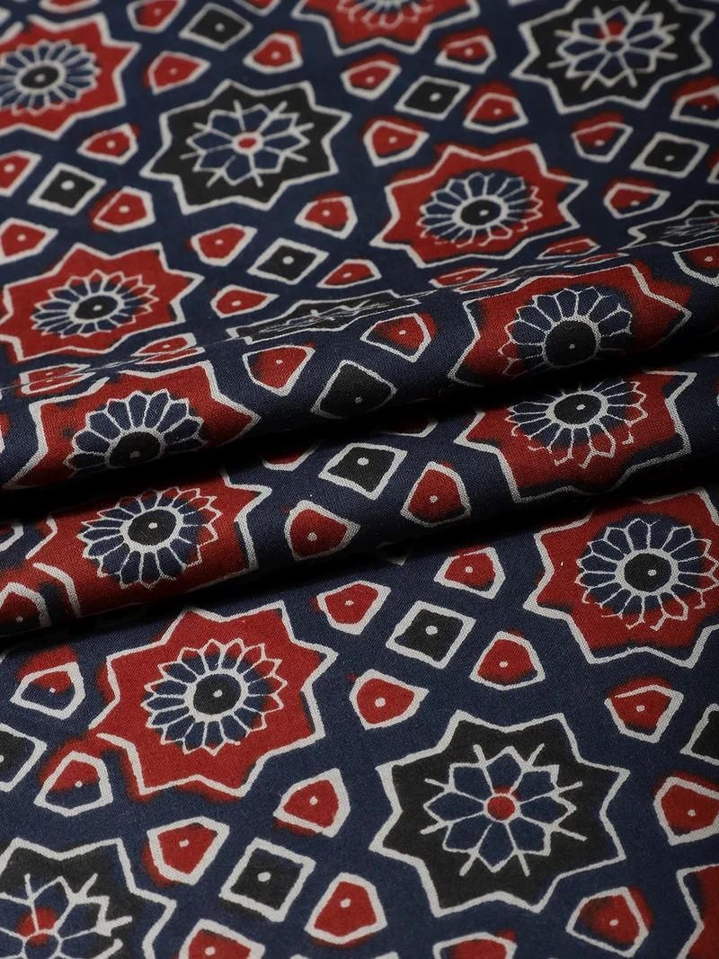 أيه كيه إس Geometric Star Block Print Cotton Fabric - Blue