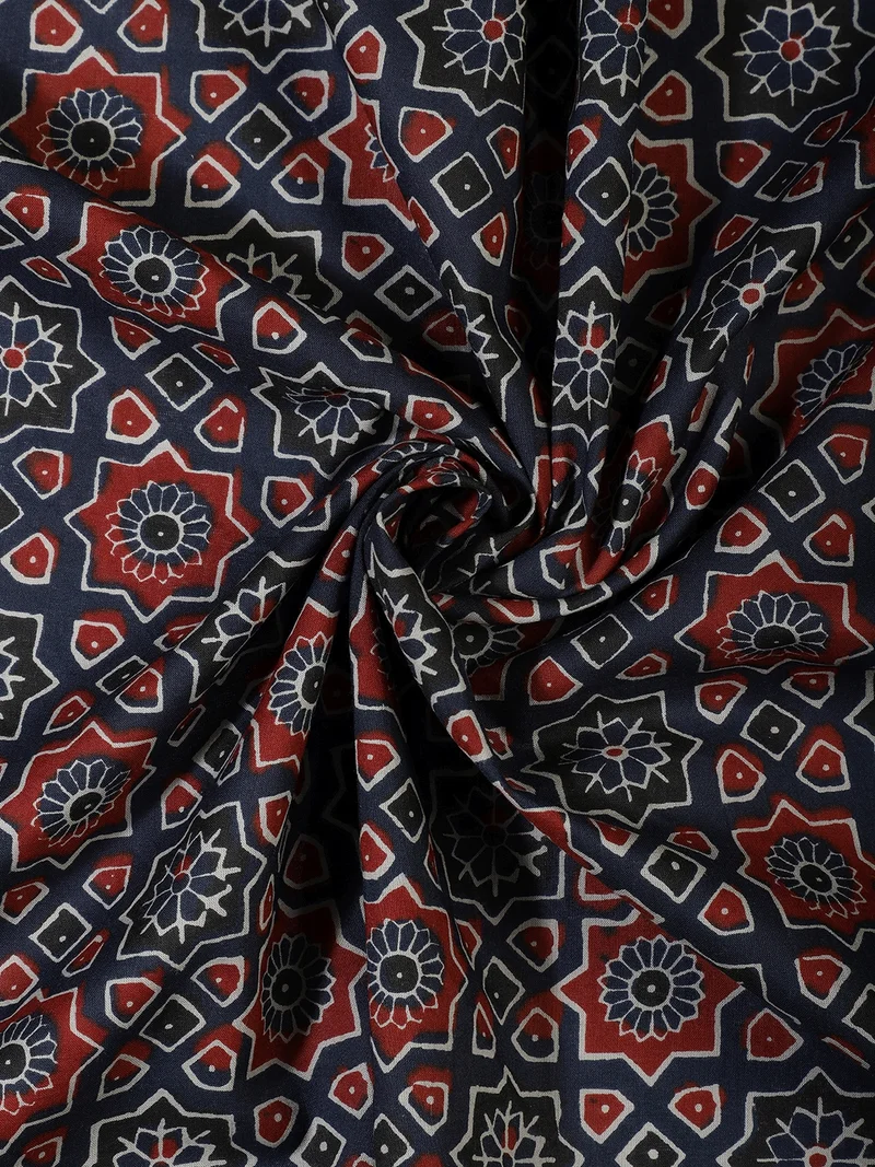 أيه كيه إس Geometric Star Block Print Cotton Fabric - Blue