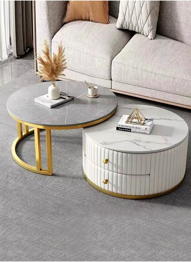 Set of 2 Multifunction Modern Style Round Coffee Table Stacking Nesting Side Table with Storage Drawers and Rock Slab Top Center Table for Living Room Bedroom Home Office Furniture 70x41&50x34 cm 