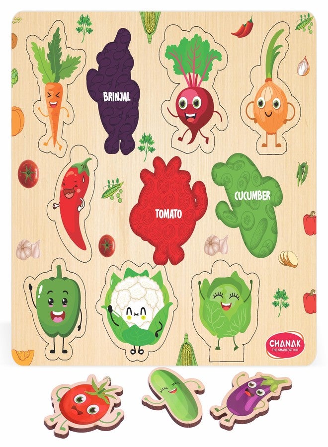 Chanak Wooden Vegetable Puzzle with Picture Educational Vegetable Board for Kids 10 Different Vegetables with Funny Faces Montessori Learning Puzzle for Toddlers & Preschoolers, Nursery 2+ Years - Image 1