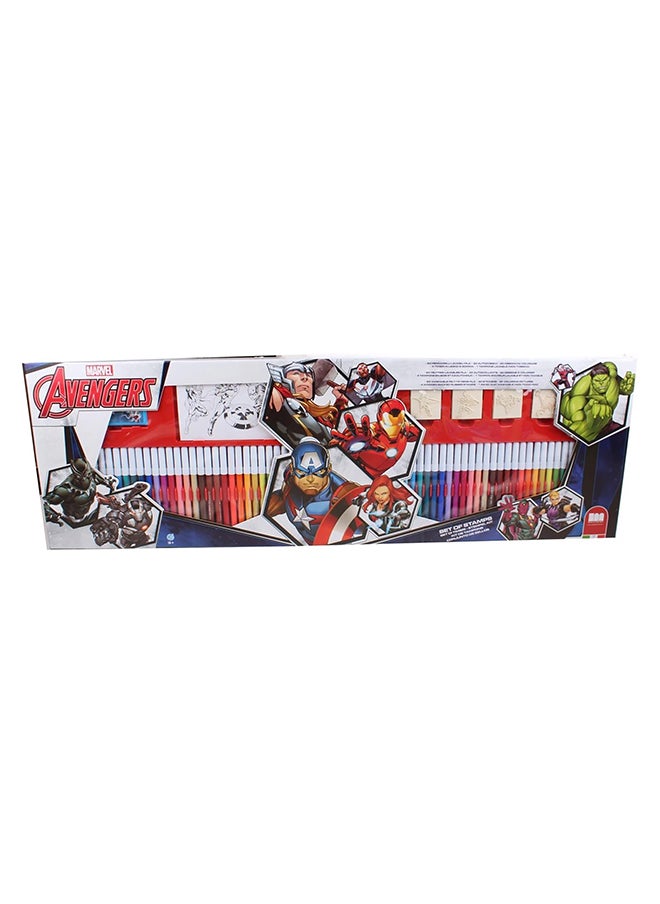 MULTIPRINT Avengers 60 Felt Tip Pens Set  60 Felt Pens, 10 Pencil Crayons, 10 Wax Crayons, 6 Stamps, 1 Ink Pad, 1 Coloring Book, 1 Notebook And 30 Stickers  - Image 1