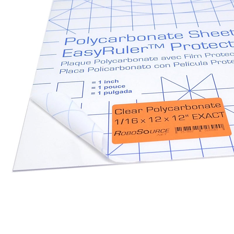 Robosource Polycarbonate Clear Plastic Sheet 12" X 12" X 0.0625" (1/16") Exact with EasyRuler Film, Shatter Resistant, Easy to Cut, Bend, Mold Than Plexiglass. Window Panel, Industrial, Hobby, Home, DIY, Crafts. - Image 1
