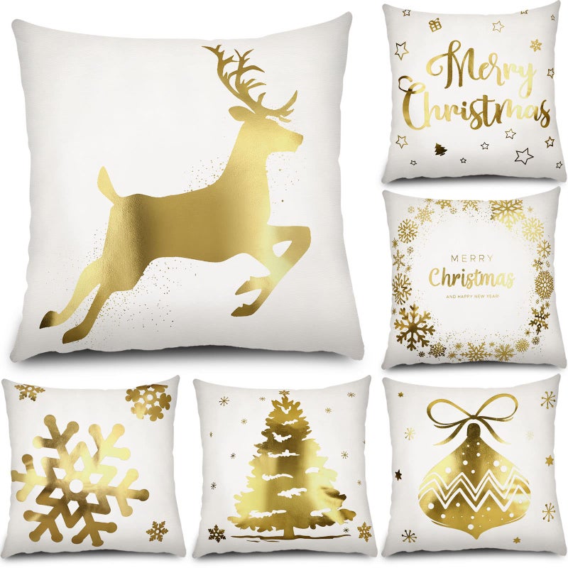 Tatuo Christmas Pillow Covers 18 x 18 Set of 6 Christmas Decoration Throw Pillow Covers Winter Holiday Decor Cushion Cases for Sofa Couch Bedroom Xmas Tree Snowflake ReindeerBronzing Style - Image 2