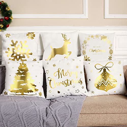 Tatuo Christmas Pillow Covers 18 x 18 Set of 6 Christmas Decoration Throw Pillow Covers Winter Holiday Decor Cushion Cases for Sofa Couch Bedroom Xmas Tree Snowflake ReindeerBronzing Style - Image 3