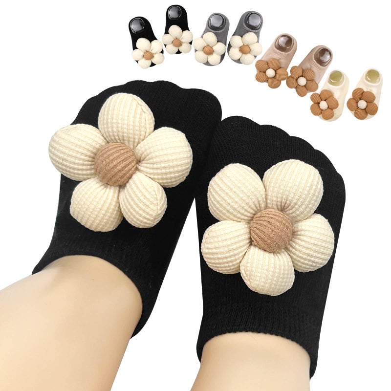 KEAINVRN 4Packs Baby Girls Socks,Flower Non-Slip Grips for Babies Toddler Princess Low Cut Ankle Socks for Girls (US, Age, 0 Months, 6 Months, black kablack kaqi grey off whiteqi grey off white) - Image 1