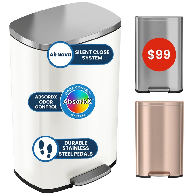 iTouchless 13 Gallon Step Trash Can with Odor Filter, 50L Stainless Steel Kitchen Garbage Bin, AirNova Silent Soft-Close Lid, Fingerprint-Proof Finish, Minimalist Clean Decor Accent Ivory White Finish - Image 1