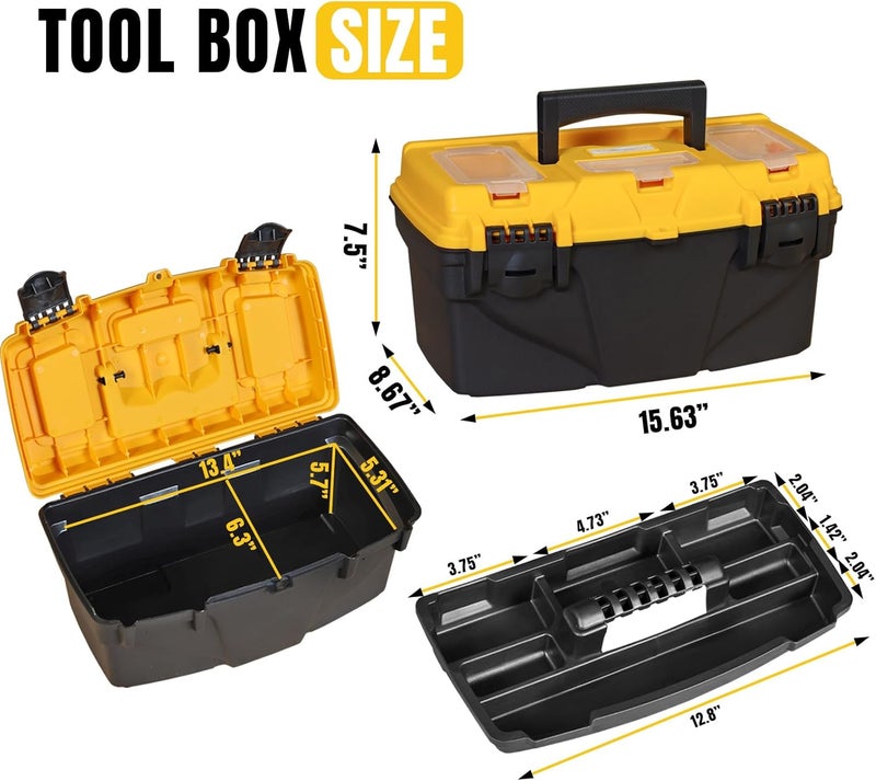 TORIN 15.5" Plastic Storage Tool Box with Removable Tray,Small Toolbox Organizer With Screw Box, Black/Yellow ATRJH-3015T - Image 2