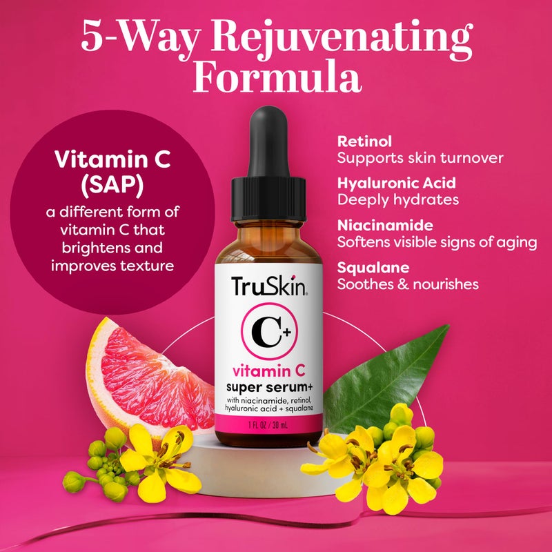 TruSkin Vitamin C Super Serum - Niacinamide, Retinol, Hyaluronic Acid & Squalane - All-in-One Anti Aging Serum for Face â€“ Improve Appearance of Dark Spots, Firmness for Brighter Looking Skin, 2 Fl Oz - Image 2