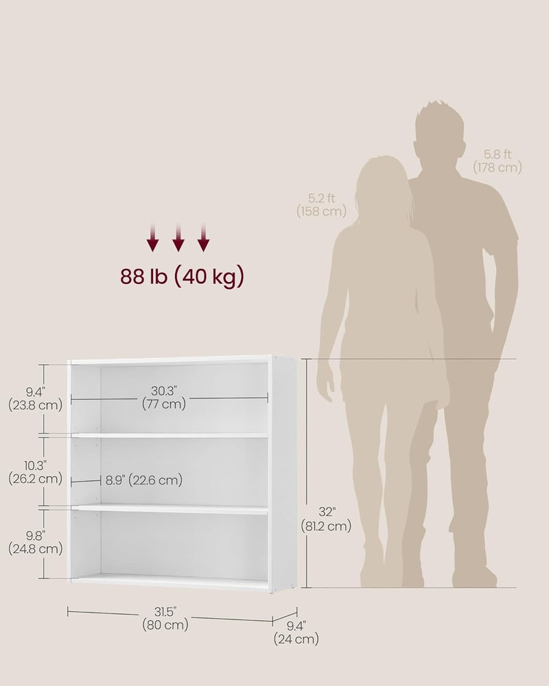 VASAGLE Custos Collection - Bookshelf, 3-Tier Bookcase, Book Shelf, Open Storage Shelf, 9.4 x 31.5 x 32 Inches, for Living Room, Home Office, Dinning Room, Cloud White - Image 3