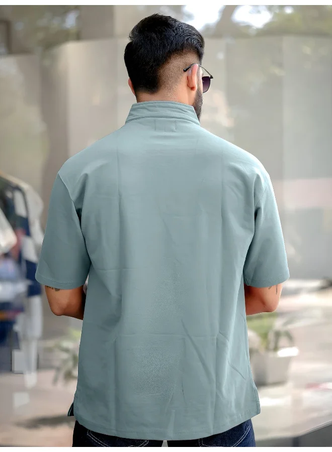 Maniac  Maniac Mens solid henley neck 3/4th sleeve berly green and white half zipper cotton t-shirt for Men | Best Price UAE