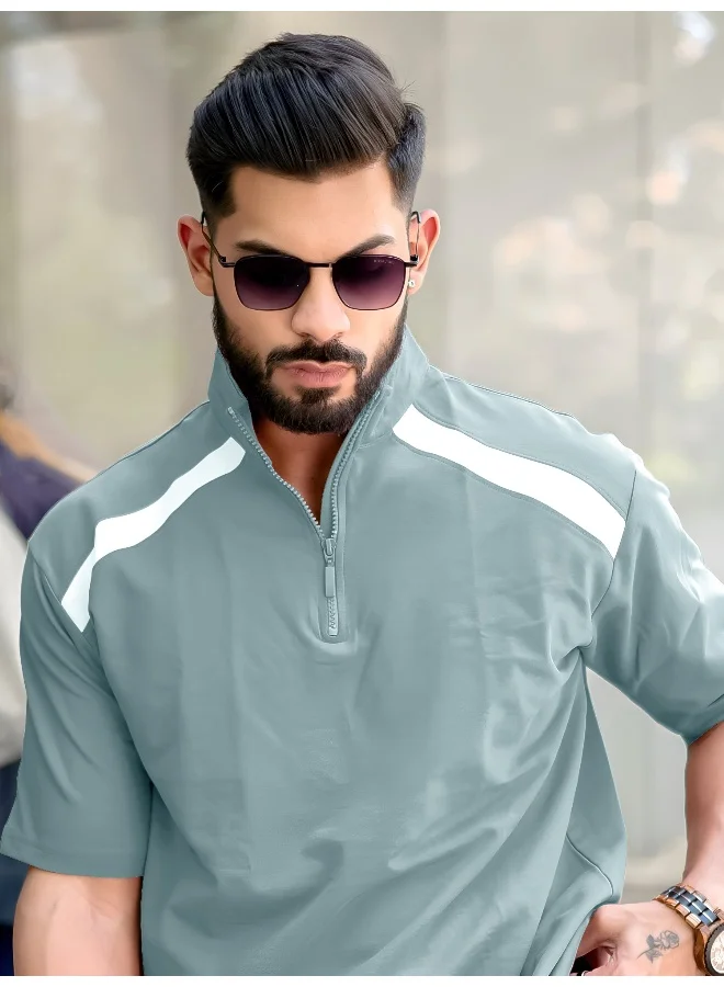 مانياك تيشيرت قطن رجالي برقبة هينلي بأكمام ثلاثة أرباع بسحاب نصفي بلون أخضر بيرلي وأبيض