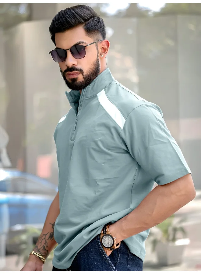 Maniac  Maniac Mens solid henley neck 3/4th sleeve berly green and white half zipper cotton t-shirt for Men | Best Price UAE