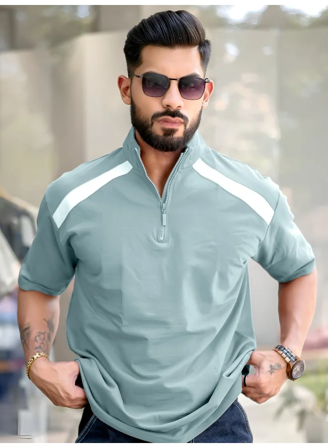 مانياك تيشيرت قطن رجالي برقبة هينلي بأكمام ثلاثة أرباع بسحاب نصفي بلون أخضر بيرلي وأبيض