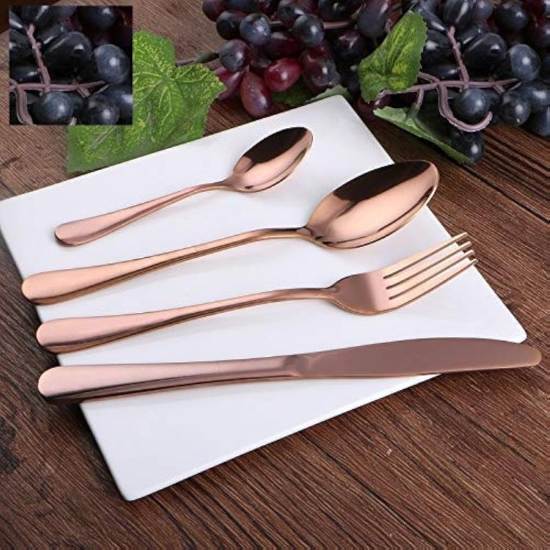 ZURATO Titanium Rose Gold Plated Stainless Steel Cutlery Set Mirror Finish Copper Color Flatware Set Includes Dinner Fork Tea Spoon Salad Spoon Knife Elegant Durable Design Set of 4 - Image 1