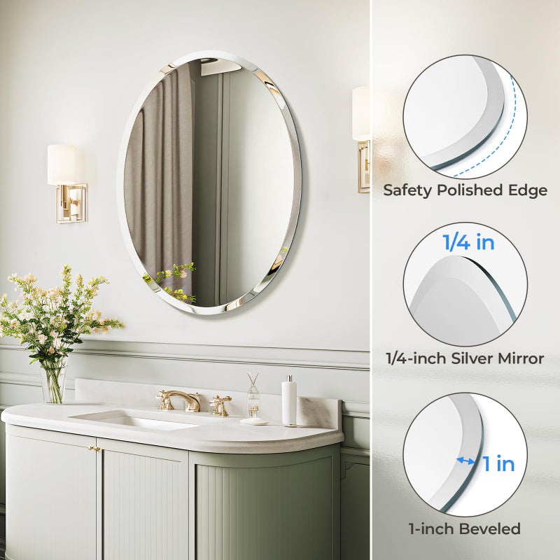 USHOWER Bathroom Mirror for Over Sink, 20x28 Inch Oval Frameless Mirror, Beveled and Polished, Decorative Wall Mirror for Bathroom, Bedroom, Vanity, Entryway, Modern and Elegant - Image 2