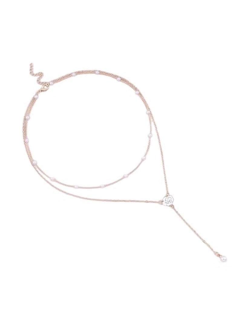 Huitich Elegant Y-Shaped Layered Necklace with Crystal Accents – Rose Gold Color Tone - Image 1