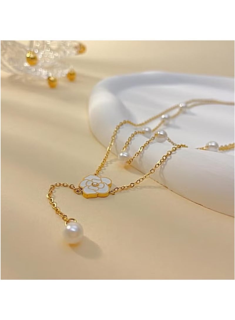 Huitich Elegant Y-Shaped Layered Necklace with Crystal Accents – Rose Gold Color Tone - Image 3