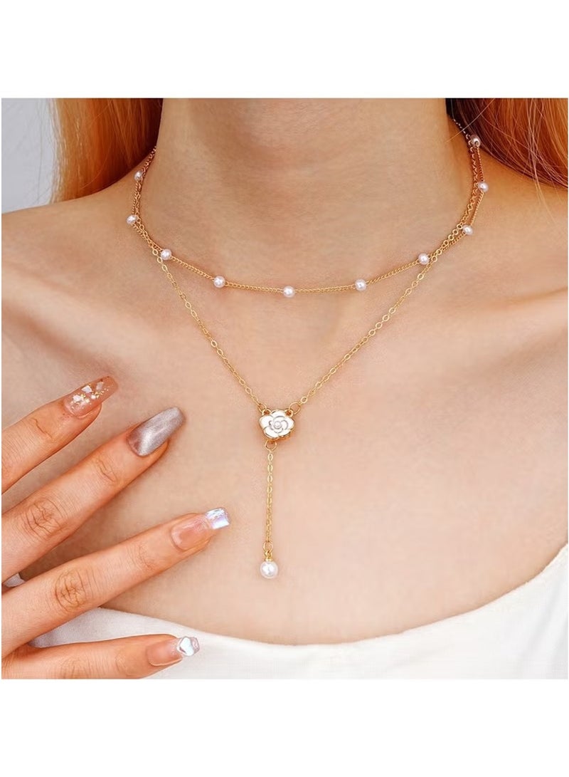 Huitich Elegant Y-Shaped Layered Necklace with Crystal Accents – Rose Gold Color Tone - Image 2