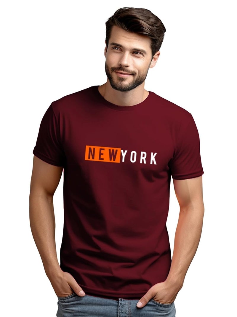ADRO Men's Maroon Printed T-Shirt with New York Graphic - 100% Cotton Regular Fit - Image 4