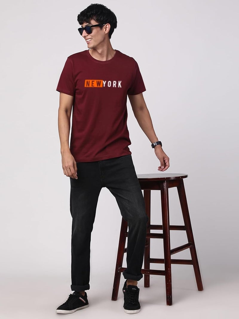 ADRO Men's Maroon Printed T-Shirt with New York Graphic - 100% Cotton Regular Fit - Image 5