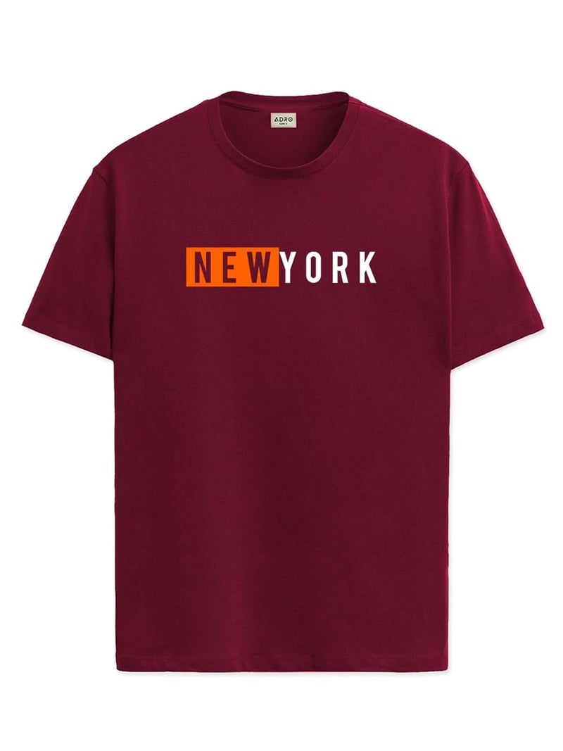 ADRO Men's Maroon Printed T-Shirt with New York Graphic - 100% Cotton Regular Fit - Image 1