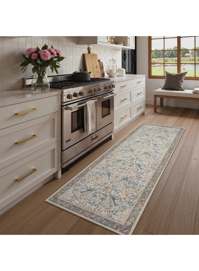 Beeiva Boho Washable Runner Rug for Hallway 2x6 - Non Slip Soft Bedroom Runner, Vintage Botanical Kitchen Decor Bird Low Pile Print Rug for Entryway Laundry Room Bathroom (Beige) - Image 3