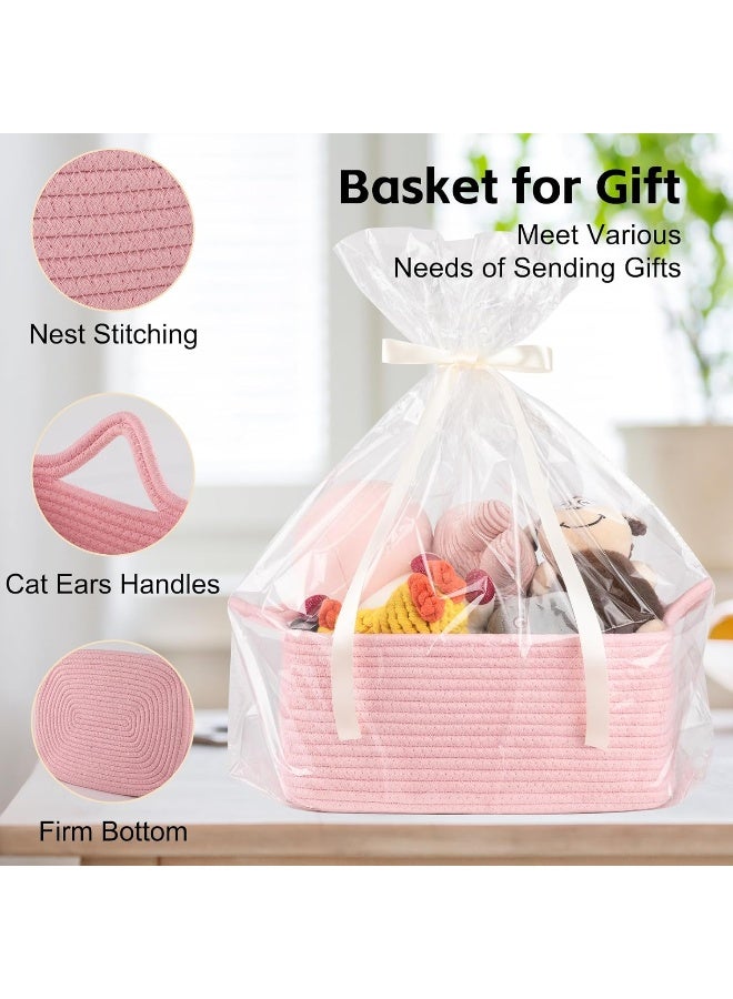OIAHOMY Woven Basket, Gift Basket Empty with Gift Bags and Ribbons, Rope Baskets for Baby Showers, Storage Baskets with Handles for Nursery, Pet Toy Organizer - Pink - Image 3