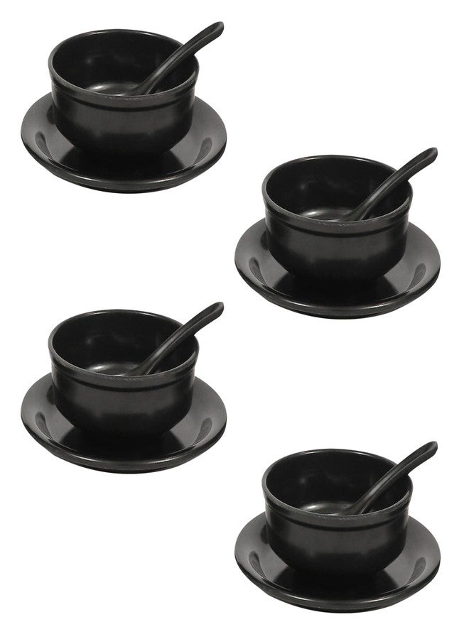 AURKA Melamine Soup Bowl Set of 4 with Saucer and Spoon (Black) Unbreakable, Microwave Safe Bowls, Perfect for Snacks, Pasta, Vegetable, Desserts, Dinner Bowl for Home, Office, Hotel, Any Occasion - Image 1