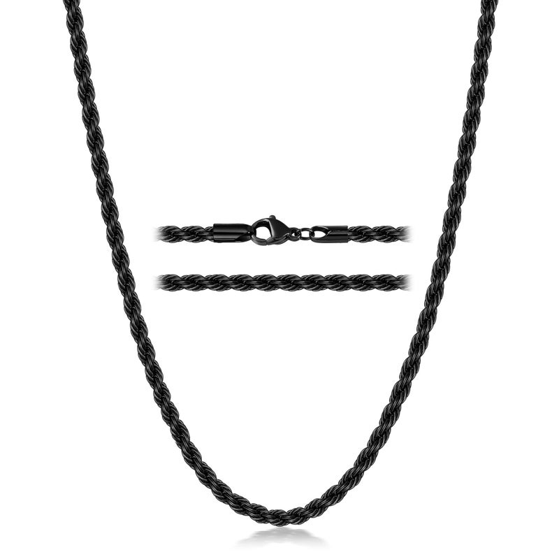 Fiusem Black Rope Chain Necklace for Men, 3.2mm Mens Necklace Chain, Stainless Steel Black Necklace for Men and Women 20 Inch - Image 1