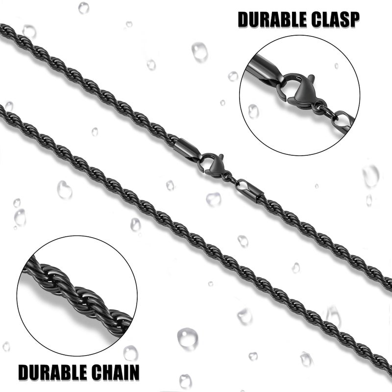 Fiusem Black Rope Chain Necklace for Men, 3.2mm Mens Necklace Chain, Stainless Steel Black Necklace for Men and Women 20 Inch - Image 4