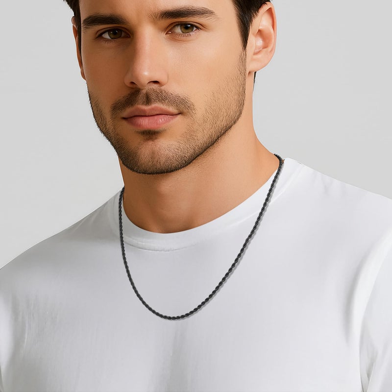Fiusem Black Rope Chain Necklace for Men, 3.2mm Mens Necklace Chain, Stainless Steel Black Necklace for Men and Women 20 Inch - Image 3