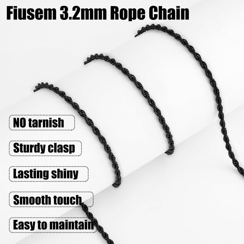 Fiusem Black Rope Chain Necklace for Men, 3.2mm Mens Necklace Chain, Stainless Steel Black Necklace for Men and Women 20 Inch - Image 5