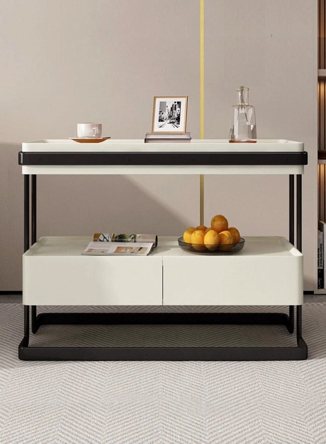 fashionhome 2 Tiers Multipurpose Use Modern Design Side Table Tempered Glass Tabletop Sofa Side Table with 2 Storage Drawers High End Rectangular Narrow Living Room Storage Cabinet 80x40x58 cm  - Image 3