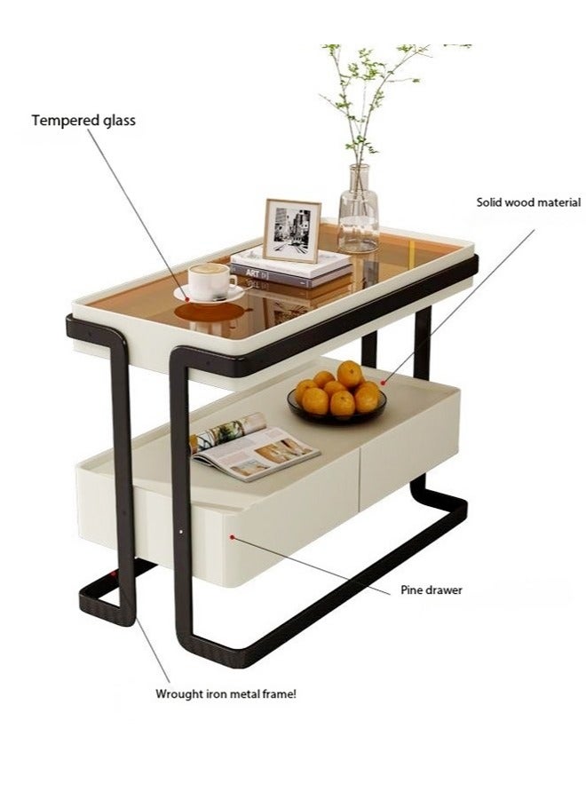 fashionhome 2 Tiers Multipurpose Use Modern Design Side Table Tempered Glass Tabletop Sofa Side Table with 2 Storage Drawers High End Rectangular Narrow Living Room Storage Cabinet 80x40x58 cm  - Image 4