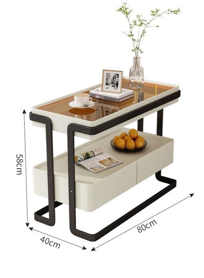 fashionhome 2 Tiers Multipurpose Use Modern Design Side Table Tempered Glass Tabletop Sofa Side Table with 2 Storage Drawers High End Rectangular Narrow Living Room Storage Cabinet 80x40x58 cm  - Image 5