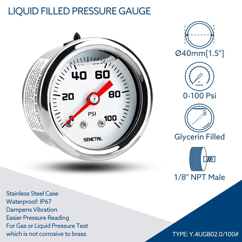 SENCTRL 0-100 PSI Fuel Pressure Gauge - 1-1/2" Dial, Glycerin Liquid Filled, Stainless Steel Case - Image 2