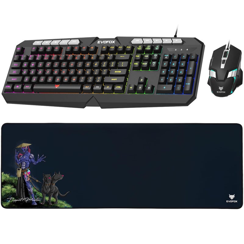EvoFox Deathray v2 3 in 1 Gaming Keyboard & Mouse Combo with Puppet Master Deskpad | 6 Zone RGB Backlighting, 19 Anti Ghosting Keys, Membrane Keys, Ergonomic, Full-Size | 6 Buttons, 7 Color LED Lighting, Upto 3600DP | Extended Deskpad (Wired) - Image 1