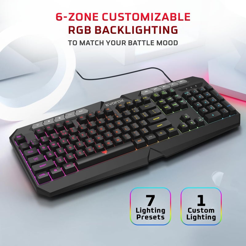 EvoFox Deathray v2 3 in 1 Gaming Keyboard & Mouse Combo with Puppet Master Deskpad | 6 Zone RGB Backlighting, 19 Anti Ghosting Keys, Membrane Keys, Ergonomic, Full-Size | 6 Buttons, 7 Color LED Lighting, Upto 3600DP | Extended Deskpad (Wired) - Image 3
