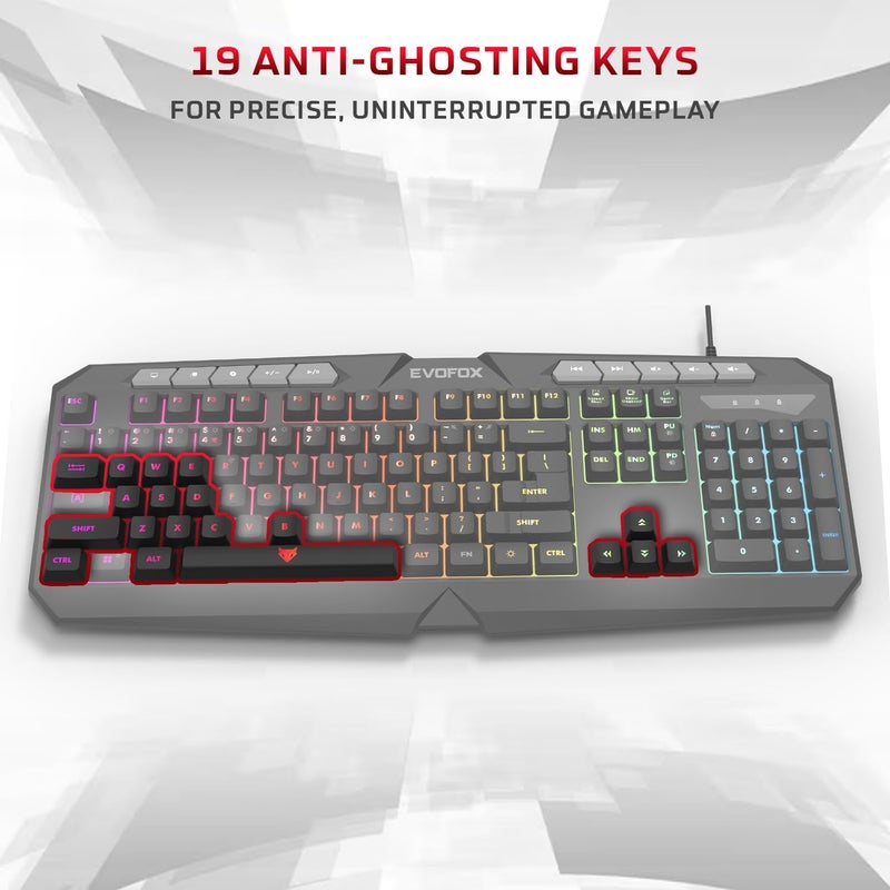 EvoFox Deathray v2 3 in 1 Gaming Keyboard & Mouse Combo with Puppet Master Deskpad | 6 Zone RGB Backlighting, 19 Anti Ghosting Keys, Membrane Keys, Ergonomic, Full-Size | 6 Buttons, 7 Color LED Lighting, Upto 3600DP | Extended Deskpad (Wired) - Image 5