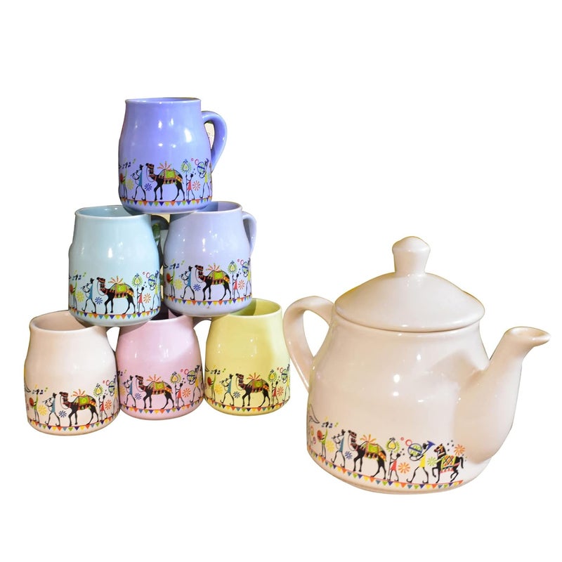 KunhaR Ceramic 6 Cups and 1 Kettle Tea Cup Set Multicolor - Image 1