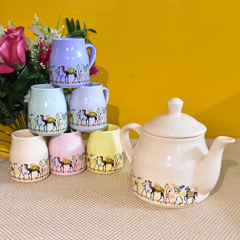 KunhaR Ceramic 6 Cups and 1 Kettle Tea Cup Set Multicolor - Image 3