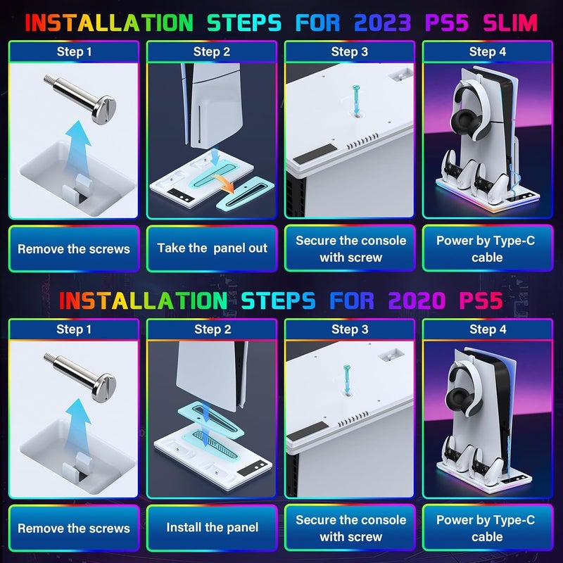 كاست ويف حامل ومحطة تبريد لـ PS5/PS5 Slim، مع محطة شحن لوحدات التحكم لـ PlayStation 5 Slim/PS5، ملحقات تبريد PS5 بإضاءة RGB 10 ألوان تشمل مروحة تبريد بثلاث مستويات/محور USB - Image 5