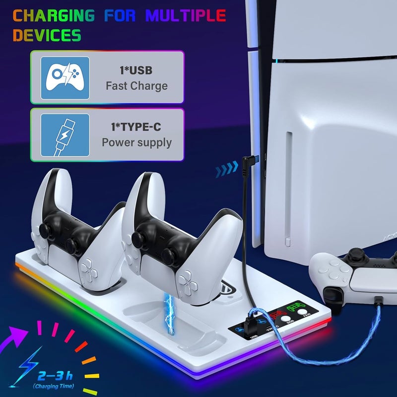 كاست ويف حامل ومحطة تبريد لـ PS5/PS5 Slim، مع محطة شحن لوحدات التحكم لـ PlayStation 5 Slim/PS5، ملحقات تبريد PS5 بإضاءة RGB 10 ألوان تشمل مروحة تبريد بثلاث مستويات/محور USB - Image 3