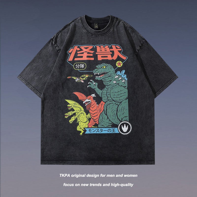 Harajuku Japanese Street Cartoon Printed Old Short-Sleeved T-Shirt Men'S Trendy Brand Hip-Hop Loose Washable Five-Sleeved T-Shirt - Image 2