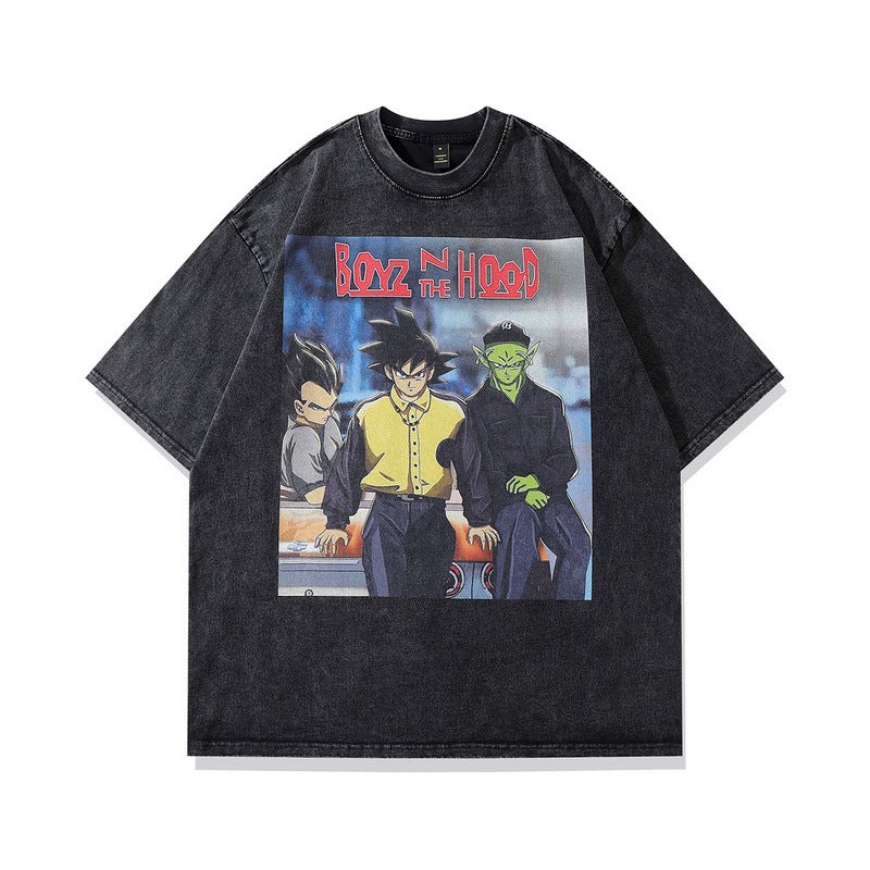 Harajuku Japanese Street Cartoon Printed Old Short-Sleeved T-Shirt Men'S Trendy Brand Hip-Hop Loose Washable Five-Sleeved T-Shirt - Image 1