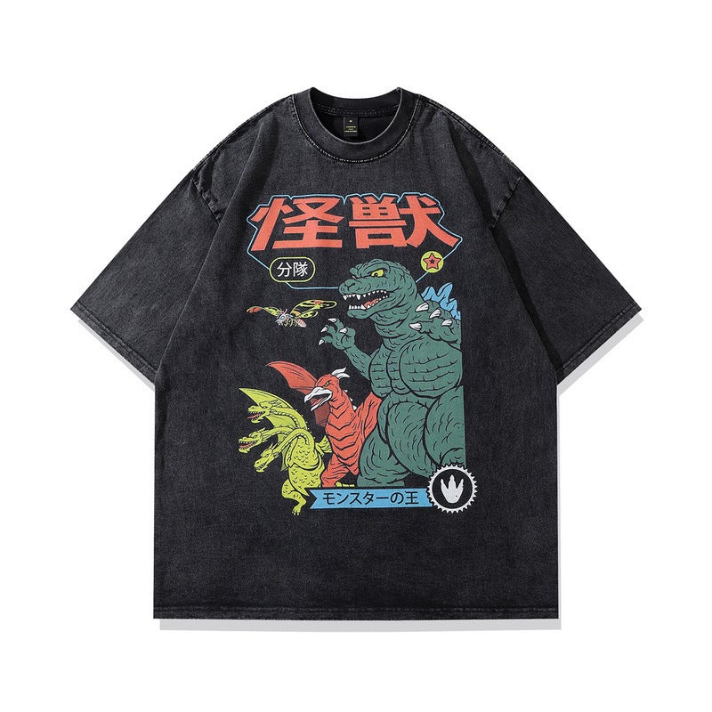 Harajuku Japanese Street Cartoon Printed Old Short-Sleeved T-Shirt Men'S Trendy Brand Hip-Hop Loose Washable Five-Sleeved T-Shirt - Image 3