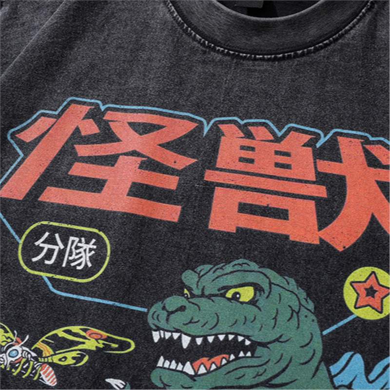 Harajuku Japanese Street Cartoon Printed Old Short-Sleeved T-Shirt Men'S Trendy Brand Hip-Hop Loose Washable Five-Sleeved T-Shirt - Image 4