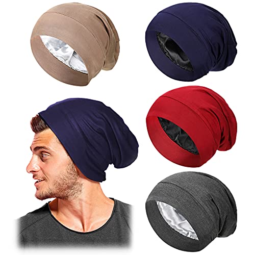 Geyoga Geyoga 4 Pcs Satin Lined Sleep Bonnets Silk Sleep Caps Slouchy Beanie Hat Sleeping Head Wrap for Curly Protection Men WomenMultiColors