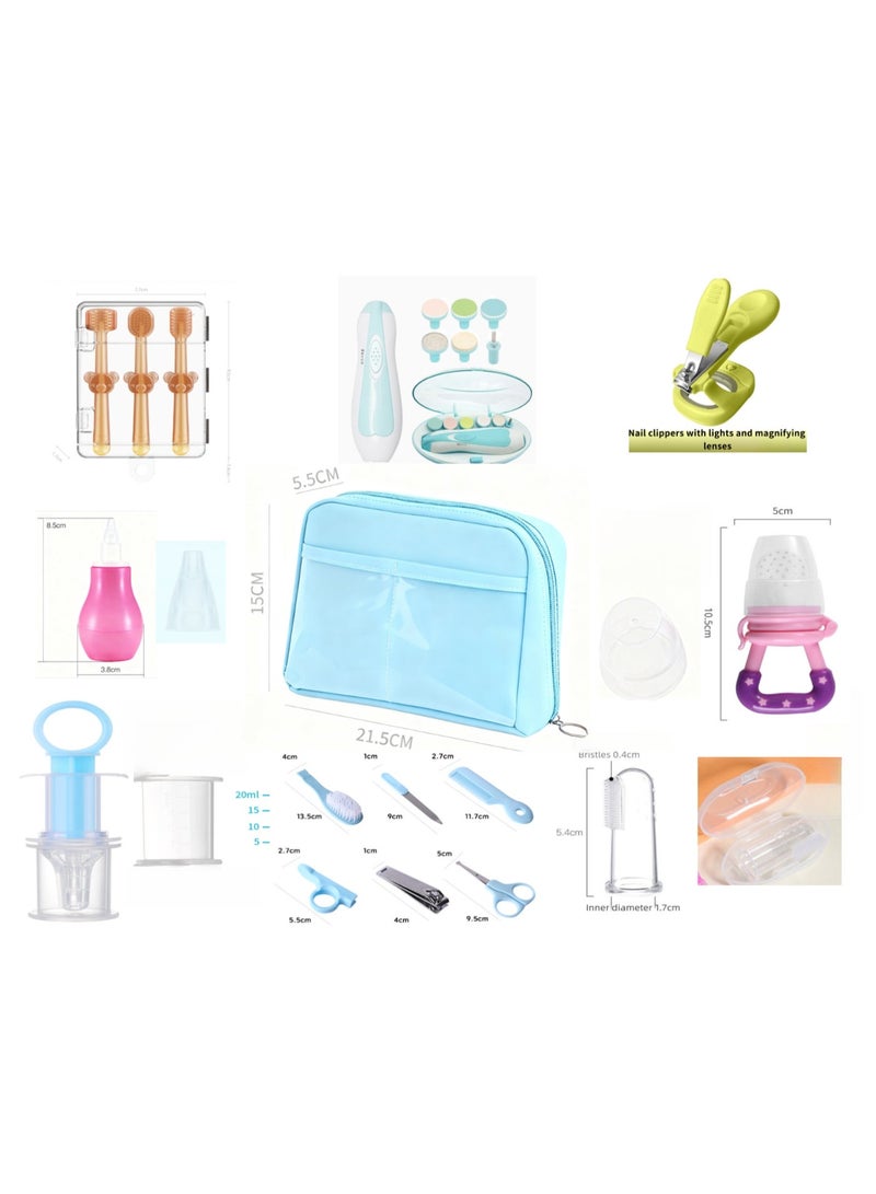 Newborn Care and Hygiene Storage Set, 28-in-1 Baby Electric Nail Care Kit: Includes an electric nail file with six grinding heads and a storage box, a nail clipper with LED light, a three-piece baby oral cleaning brush set (U-shaped toothbrush, three-sided toothbrush, and baby toothbrush) with a dust-proof case, a baby silicone nasal aspirator, an anti-choke silicone medicine feeder with dust cover, a toddler silicone teether pacifier with dust cover, a baby comb, brush, scissors, and nail file. All items come in a large blue storage bag measuring 21.5 x 5.5 x 15.5 cm. Suitable for babies aged 0-3 years, for both boys and girls. A perfect gift for newborns. Please generate promotional content based on the above images and title. - Image 1